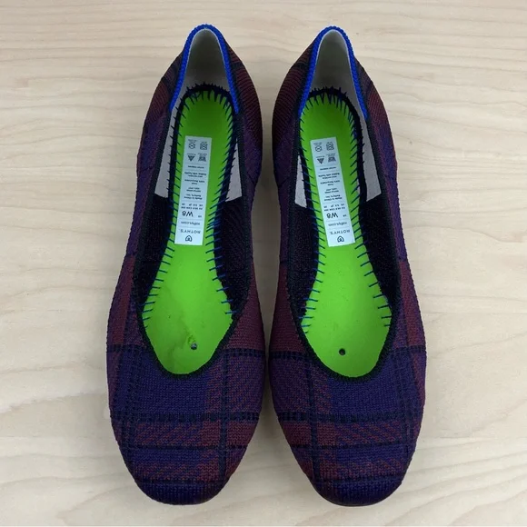 Rothys Women’s Size 8.0 The Square Toe Ballet Flat Cranberry Plaid Slip On Shoes - Picture 4 of 11